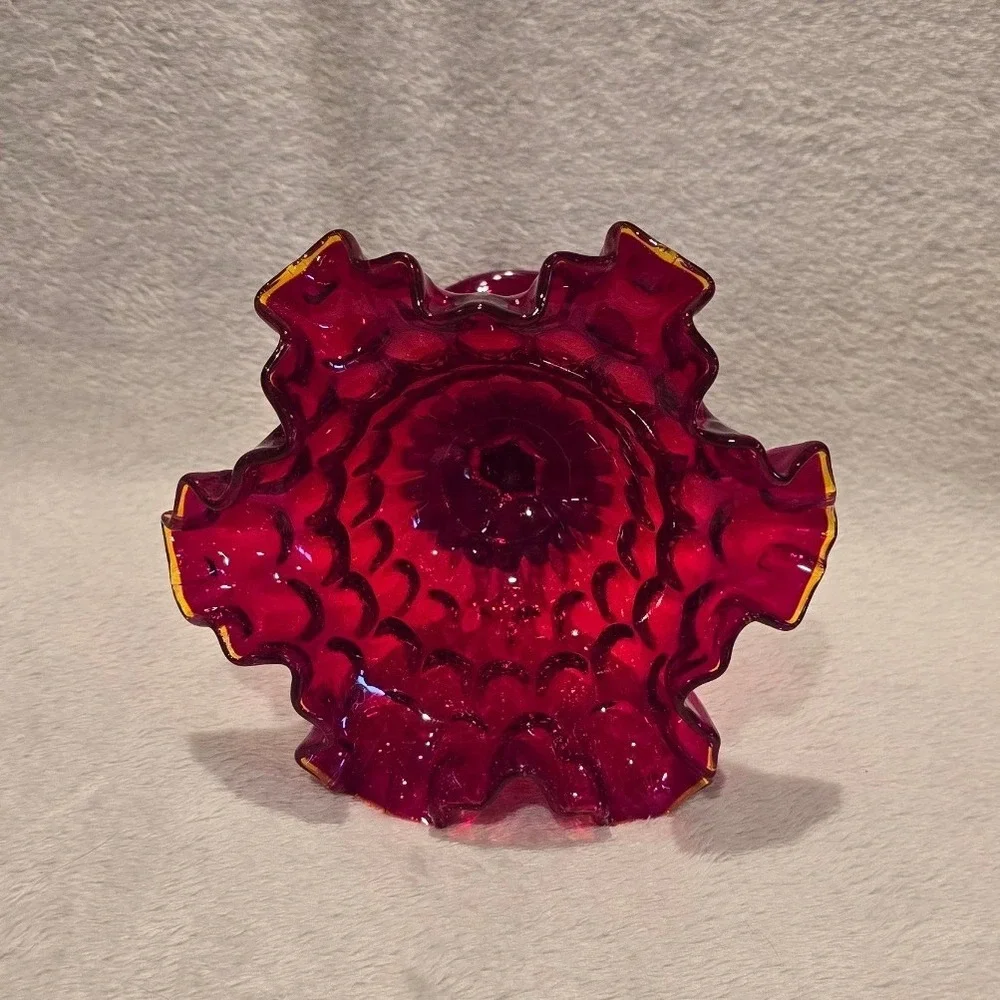 Vintage Fenton Ruby Red Thumbprint Glass‎ Pedestal Compote Cadmium Glow on Rim